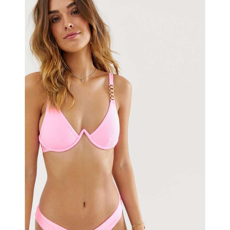 River Island underwired bikini top with chain detail in pink