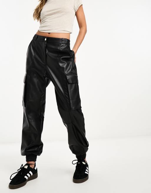 River Island utility faux leather cargo trouser in black | ASOS