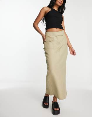 RIVER ISLAND UTILITY MIDI SKIRT IN KHAKI-GREEN