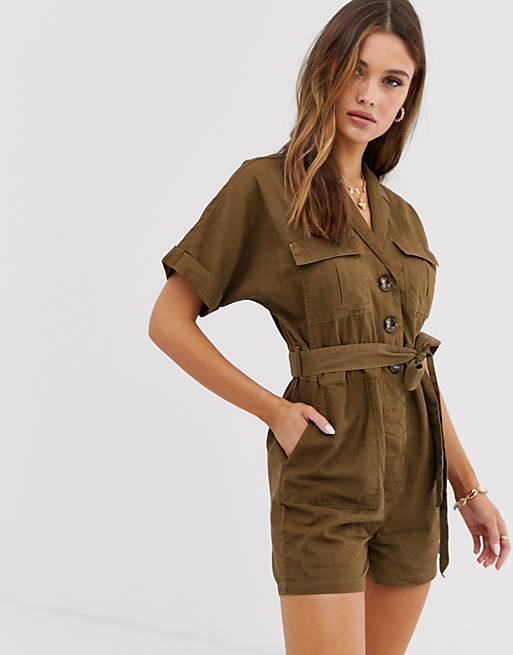 River Island utility playsuit with belt in khaki | ASOS