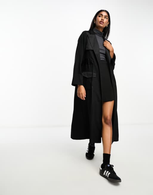 River Island Utility Satin Contrast Duster trench coat in Black