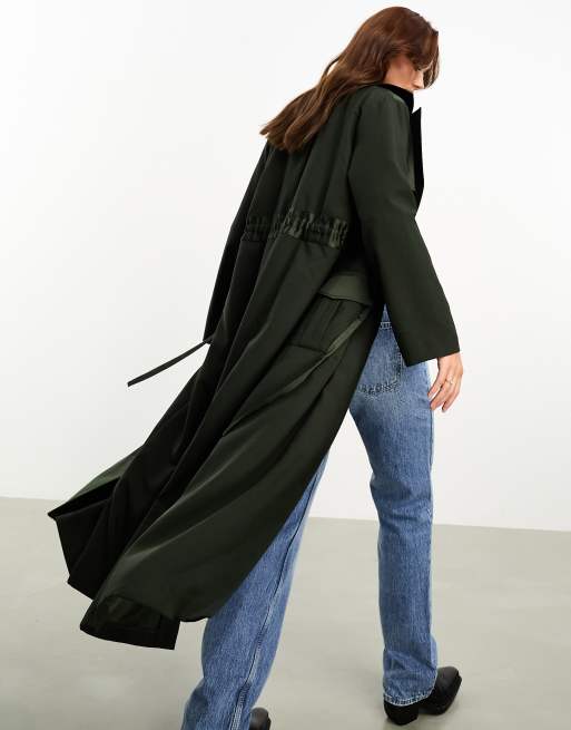 Khaki satin belted longline duster coat