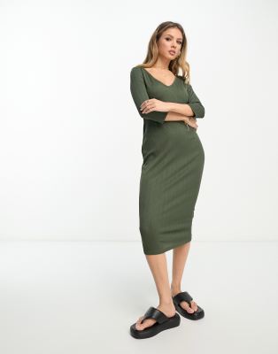 River Island V Neck 3/4 Sleeve Ribbed Midi Dress In Khaki-green