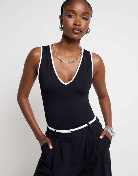 River Island v-neck body with tipping in black - view 1