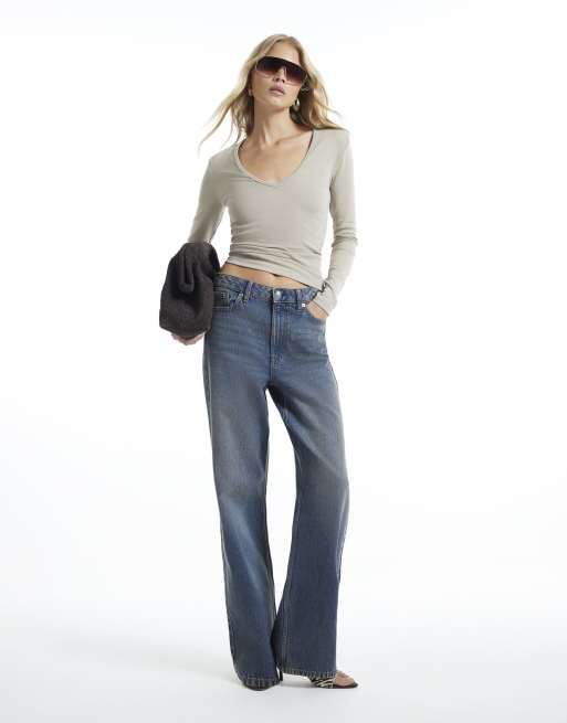 River Island V neck cotton blend long sleeve top in stone , 3 of 4