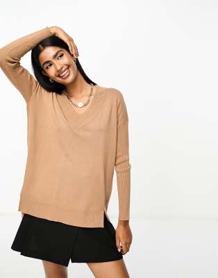 River Island V Neck Fine Jumper in Brown