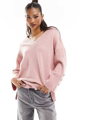 River Island v-neck fine knit jumper in light pink