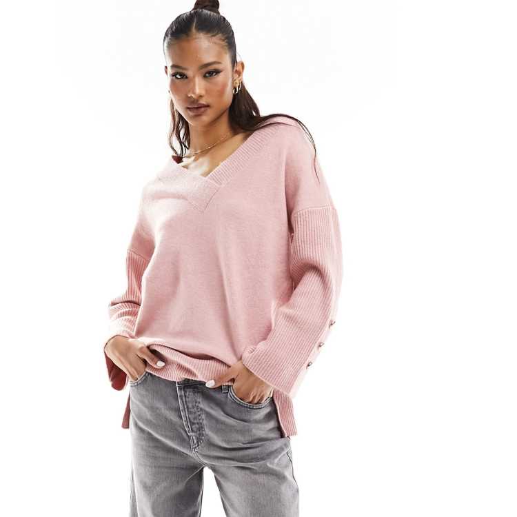 River Island v-neck fine knit sweater in light pink ASOS
