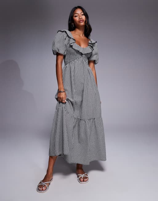 River Island v neck frill midi dress in black