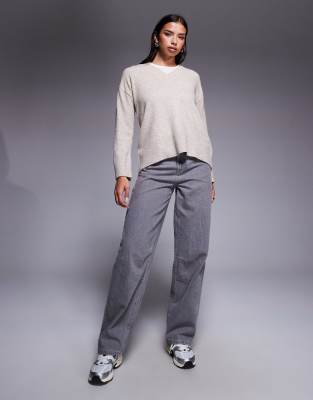 River Island V-neck Knit Sweater In Neutral