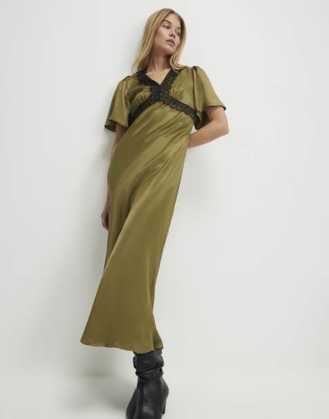 River Island V neck lace slip dress in khaki