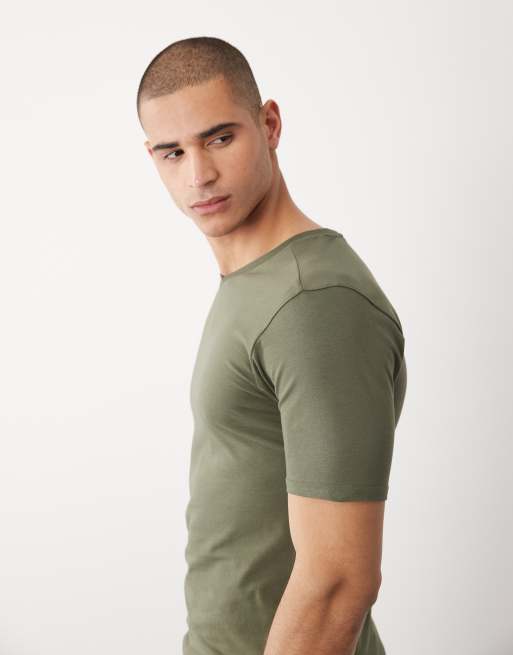 River Island v neck muscle fit t-shirt in khaki, 3 of 5