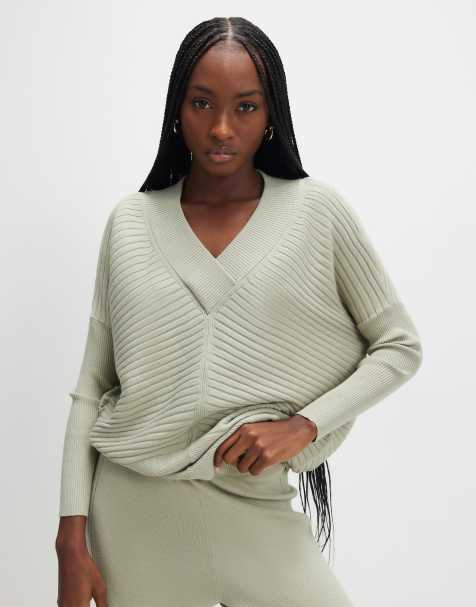 River Island V neck ribbed jumper in green - view 1