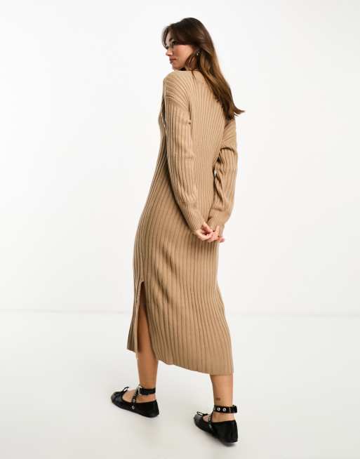 River Island v-neck ribbed maxi sweater dress in cream ASOS