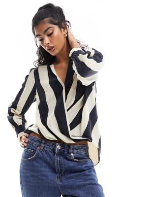 River Island V neck wrap blouse in navy | ASOS