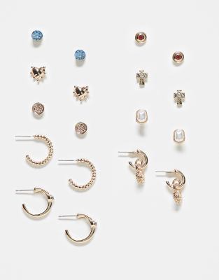 River Island River Island valenica 9 pack stud and hoop earrings in gold multi