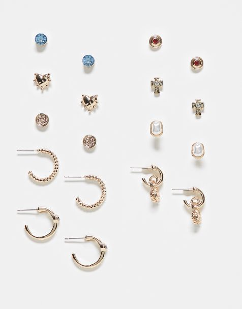 River Island - Valenica - Lot de 9 paires de boucles d'oreilles clous et créoles - Doré et multicolore - view 1