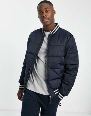 River Island Varsity Bomber Jacket In Navy ModeSens