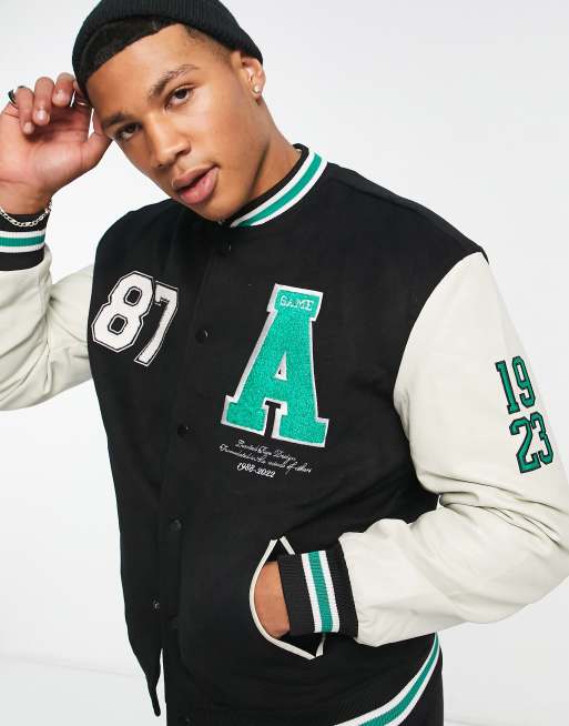River Island - Varsity jack met mouwen van PU met badges in zwart