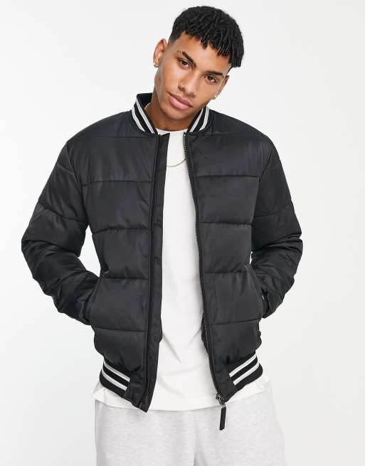 River Island varsity puffer bomber jacket in black | ASOS