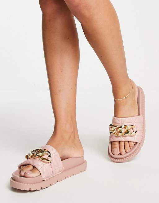River Island - Vatterede sliders med kædedetalje i lyserød