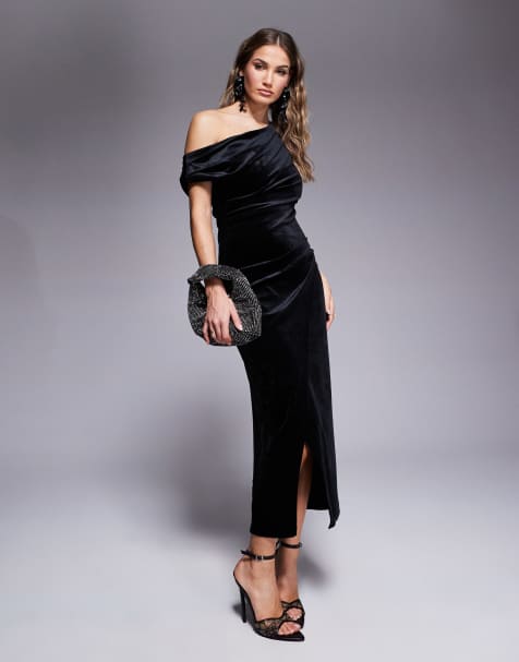 River Island velvet asymmetric midi dress in black - view 1