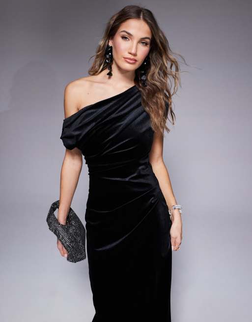 black velvet asymmetric bodycon midi dress Anemone main image 1