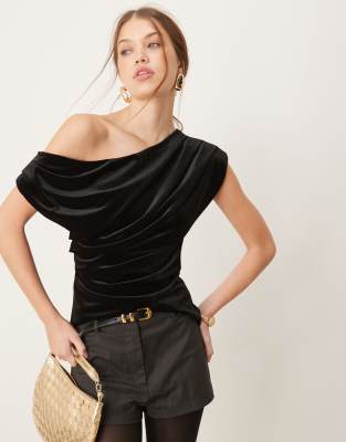 River Island Velvet Asymmetric Top In Black