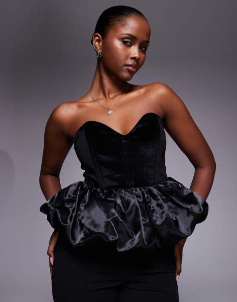 River Island velvet bandeau peplum top in black 