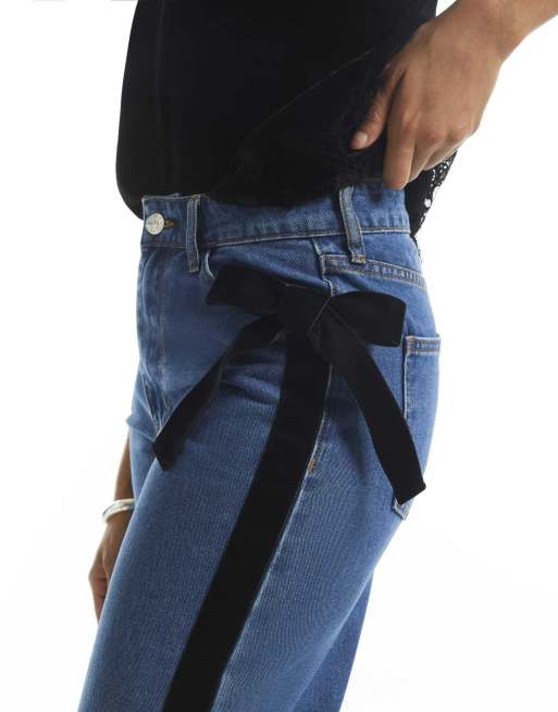 River Island Velvet bow relaxed straight jeans in denim, 3 of 4