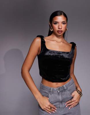 River Island Velvet Corset Top In Black