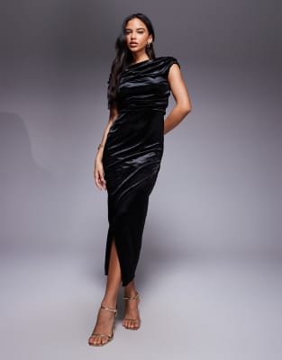 River Island Velvet Drape Midi Dress In Black