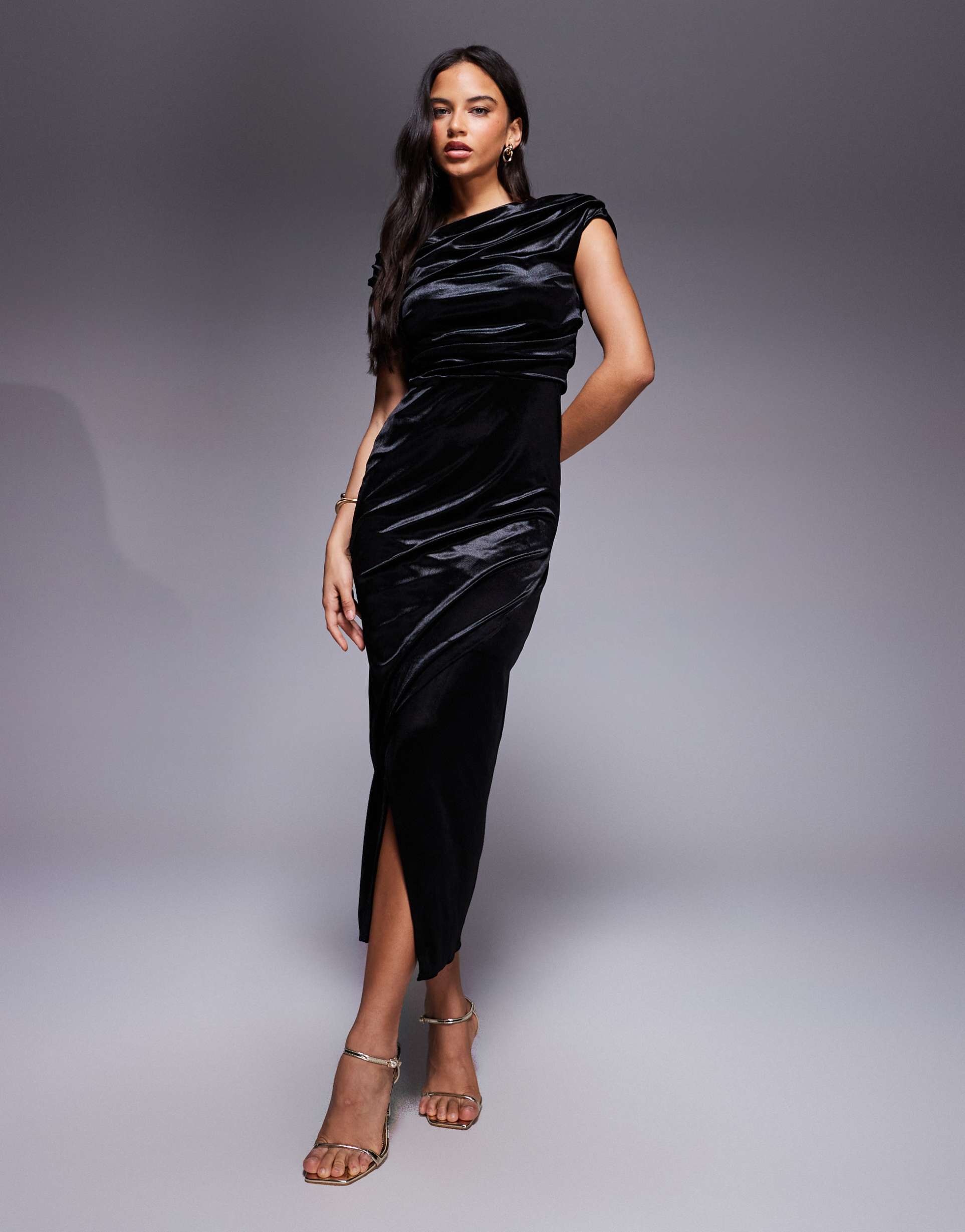 river island velvet drape midi dress in black