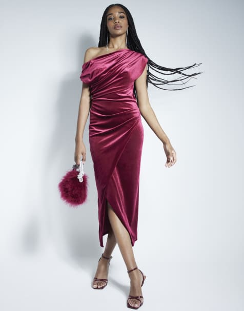 River Island Velvet drape off shoulder column dress in red - dark - view 1