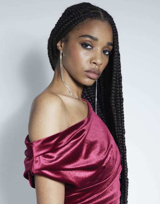 red velvet drape off shoulder column dress River Island Velvet drape off shoulder column dress in red - dark