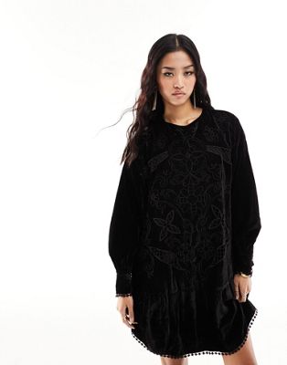 River Island velvet embroidered mini smock dress in black - ASOS Price Checker