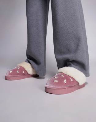  velvet faux fur lined slippers in light pink