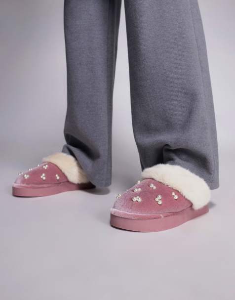 River Island velvet faux fur lined slippers in light pink - view 1