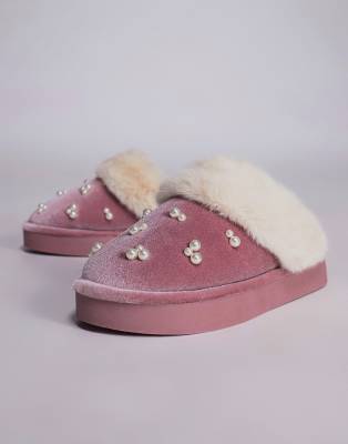 River Island Velvet Faux Fur Lined Slippers In Pink