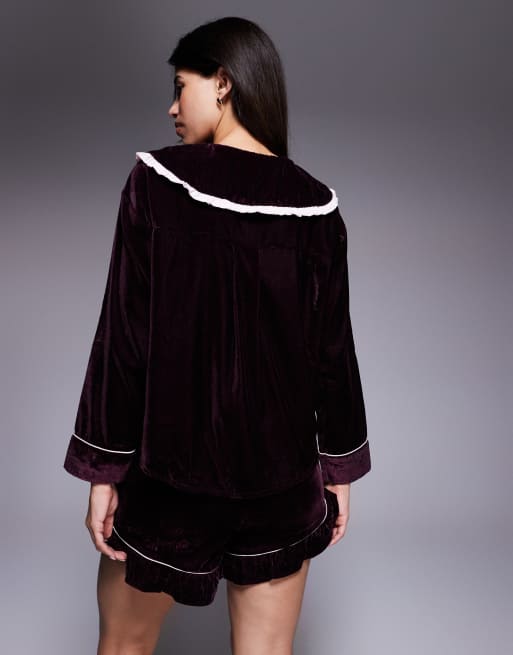 River Island velvet frill collar pyjama set in dark purple, 2 of 4