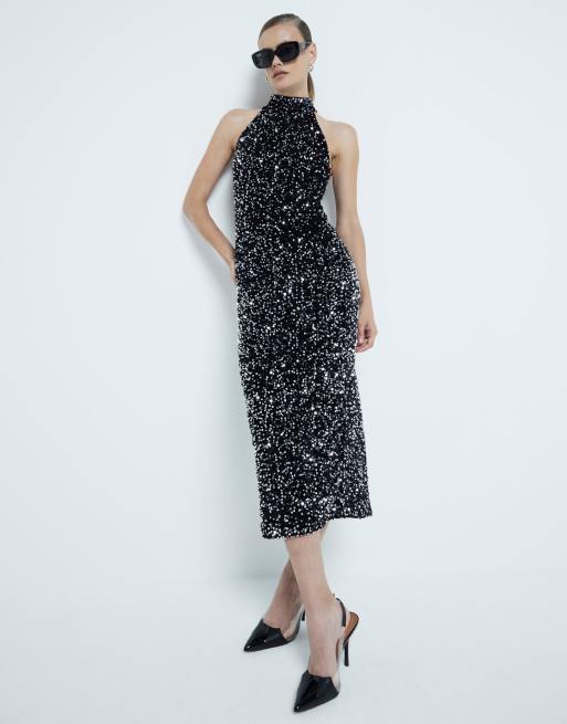 River Island Velvet halter neck sequin midi dress in black