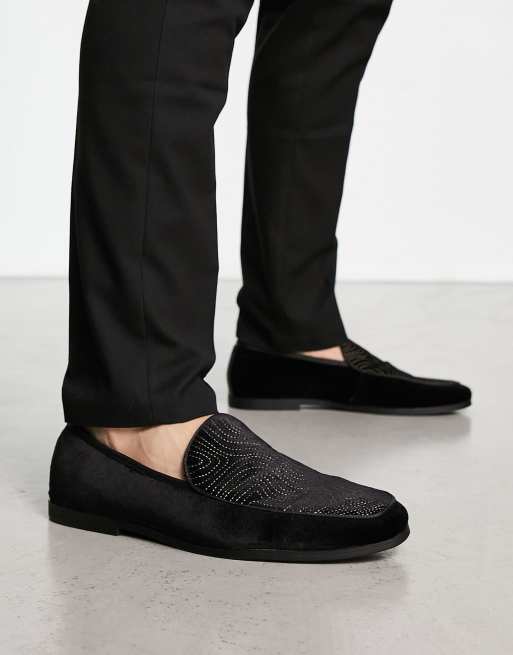 River Island wide fit velvet loafers in black