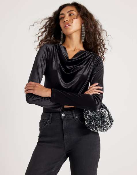 River Island Velvet long sleeve cowl neck bodysuit in black - view 1