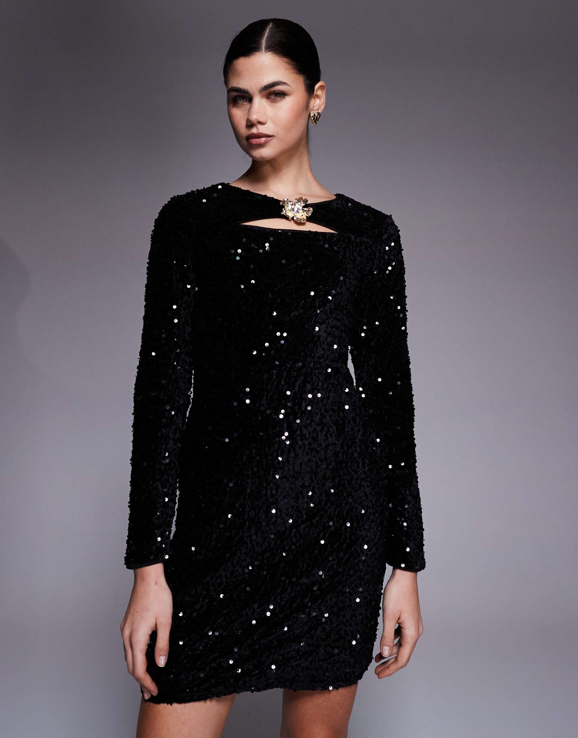 river island velvet long sleeve cut-out mini dress in black