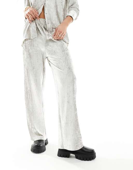 Silver Crushed Velvet Wide Leg Suit Pants