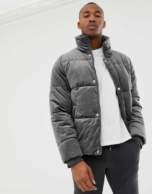 River Island velvet puffer jacket in gray