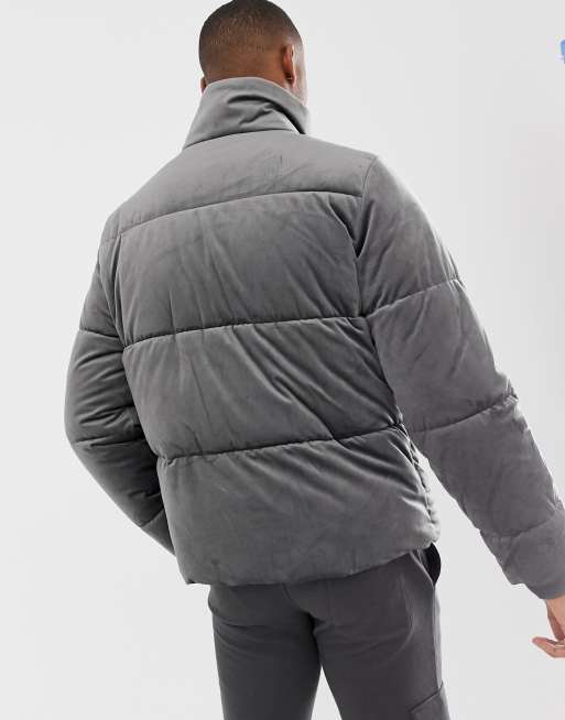 Grey velvet puffer on sale jacket