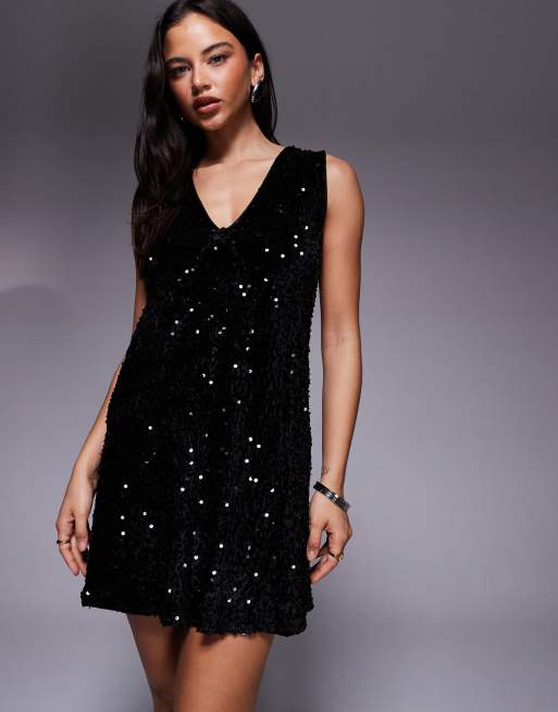 River Island velvet sequin bow back mini dress in black