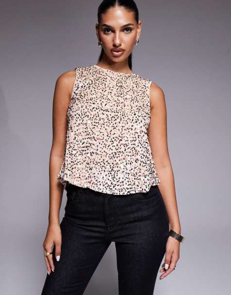 River Island velvet sequin bow back top in gold - view 1