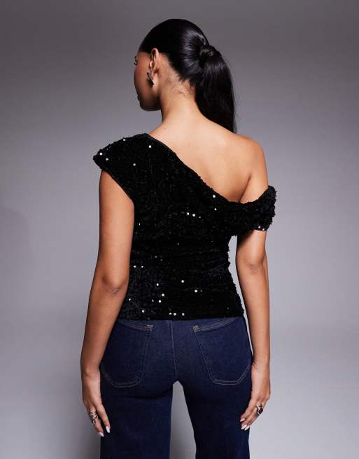 River Island velvet sequin draped top in black , 2 of 4